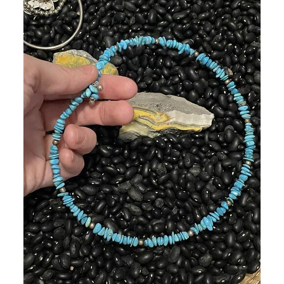 Native American Sterling Navajo Pearl & Blue Turquoise Chip Choker Wrap Necklace - Picture 7 of 9